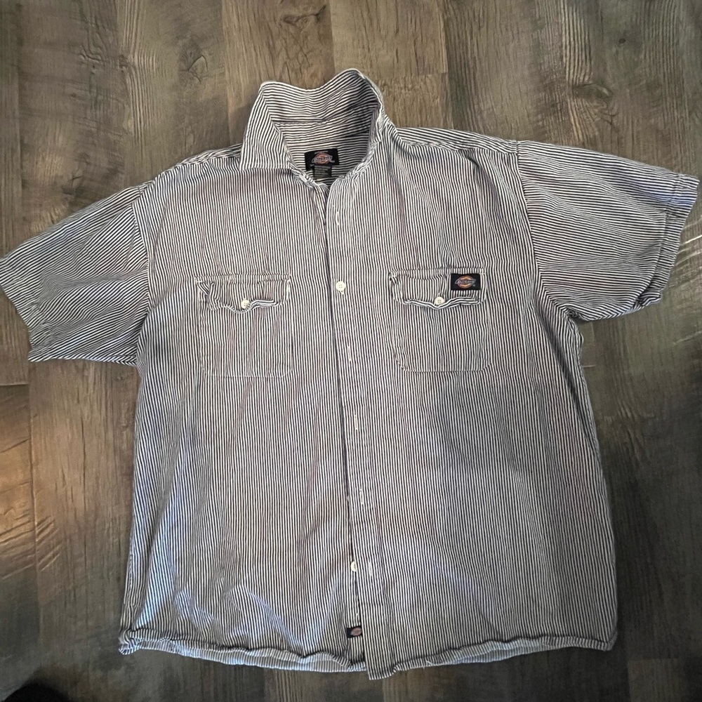 Dickies Men’s Navy and White Stripe Short Sleeve Button-Front Shirt XL - Picture 4 of 4